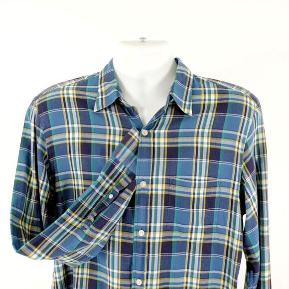J Crew Small Plaid Blue Yellow Green Flannel Tailored Fit Collared Dress Shirt‎ - Picture 1 of 12